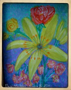 minitablou cu crin, trandafiri si alte flori